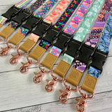 Colourful Miss Amanda Kate teacher lanyards with safety release clasps and rose gold clips