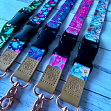 Colourful Miss Amanda Kate teacher lanyards with safety release clasps and rose gold clips