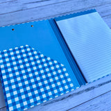 Blue Gingham Teacher Clipboard Folder open to show the 40-sheet lined notepad