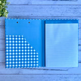 Blue Gingham Teacher Clipboard Folder open to show the 40-sheet lined notepad and internal document pocket