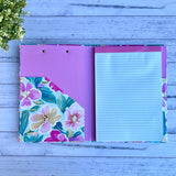 Petal Bloom Teacher Clipboard Folder open to show the 40-sheet lined notepad and internal document pocket