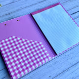 Pink Gingham Teacher Clipboard Folder open to show the 40-sheet lined notepad