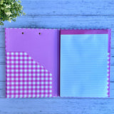 Pink Gingham Teacher Clipboard Folder open to show the 40-sheet lined notepad and internal document pocket