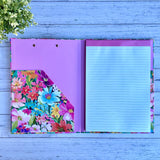 Wildflower Teacher Clipboard Folder open to show the 40-sheet lined notepad and internal document pocket
