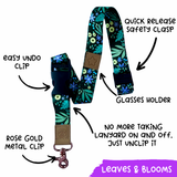Teacher lanyard showing quick-release safety clasp, easy-release clip, glasses holder and rose gold metal clip