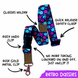 Teacher lanyard showing quick-release safety clasp, easy-release clip, glasses holder and rose gold metal clip