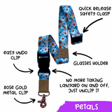 Teacher lanyard showing quick-release safety clasp, easy-release clip, glasses holder and rose gold metal clip