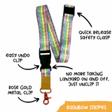 Teacher lanyard showing safety release clasp, easy-release clip and rose gold metal clip