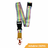 Teacher lanyard showing safety release clasp, easy-release clip and rose gold metal clip